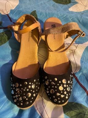 White Mountain Black Jeweled Ankle-Strap Espadrilles